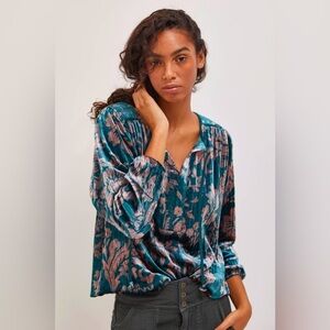 Anthropologie Teal Velvet Floral Blouse with Dusty Rose Accents